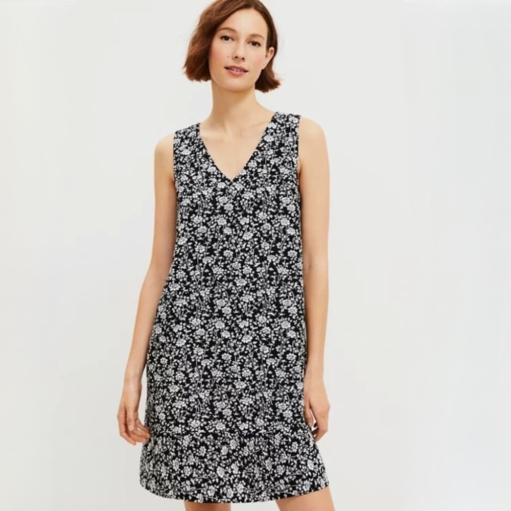 Loft Linen V-Neck Floral Mini Shift Dress Black/White